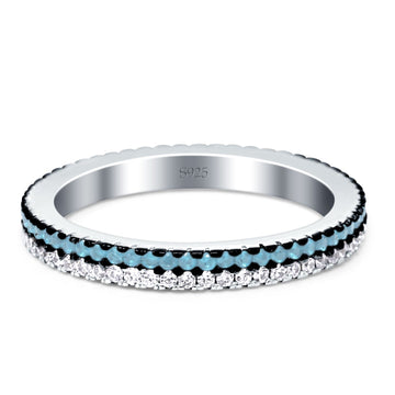 Full Eternity Rings Stackable Band Round Aquamarine Cubic Zirconia 925 Sterling Silver